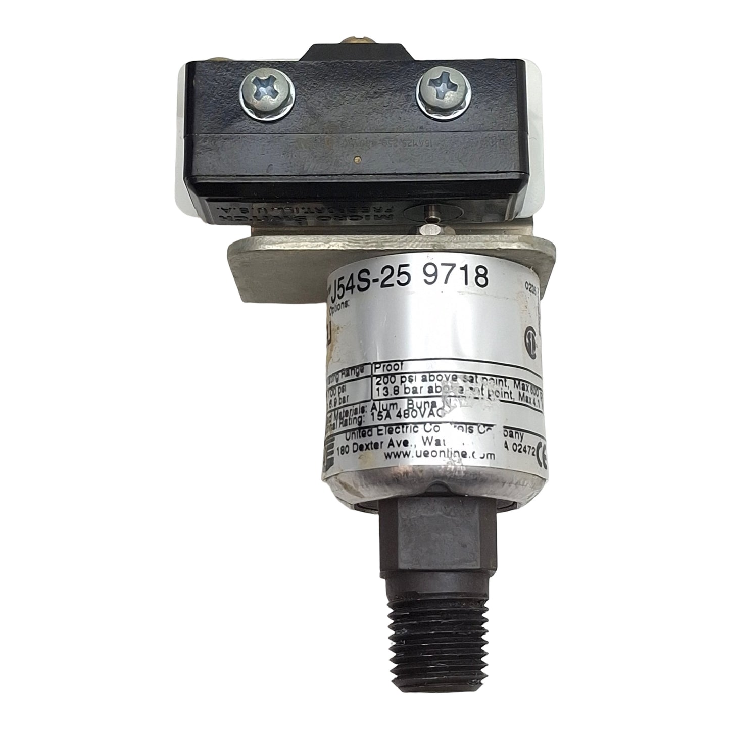 Used United Electric J54S-25 9718 Pressure Switch, 1/4in NPT, 10-100psi, 15A 480VAC