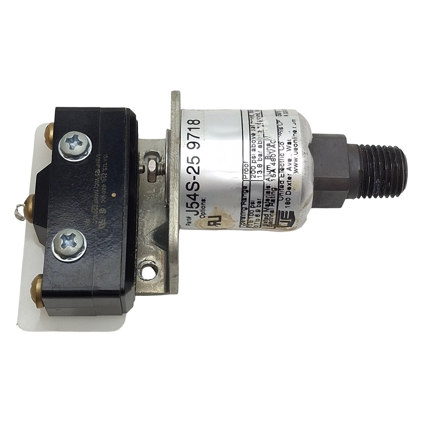 Used United Electric J54S-25 9718 Pressure Switch, 1/4in NPT, 10-100psi, 15A 480VAC