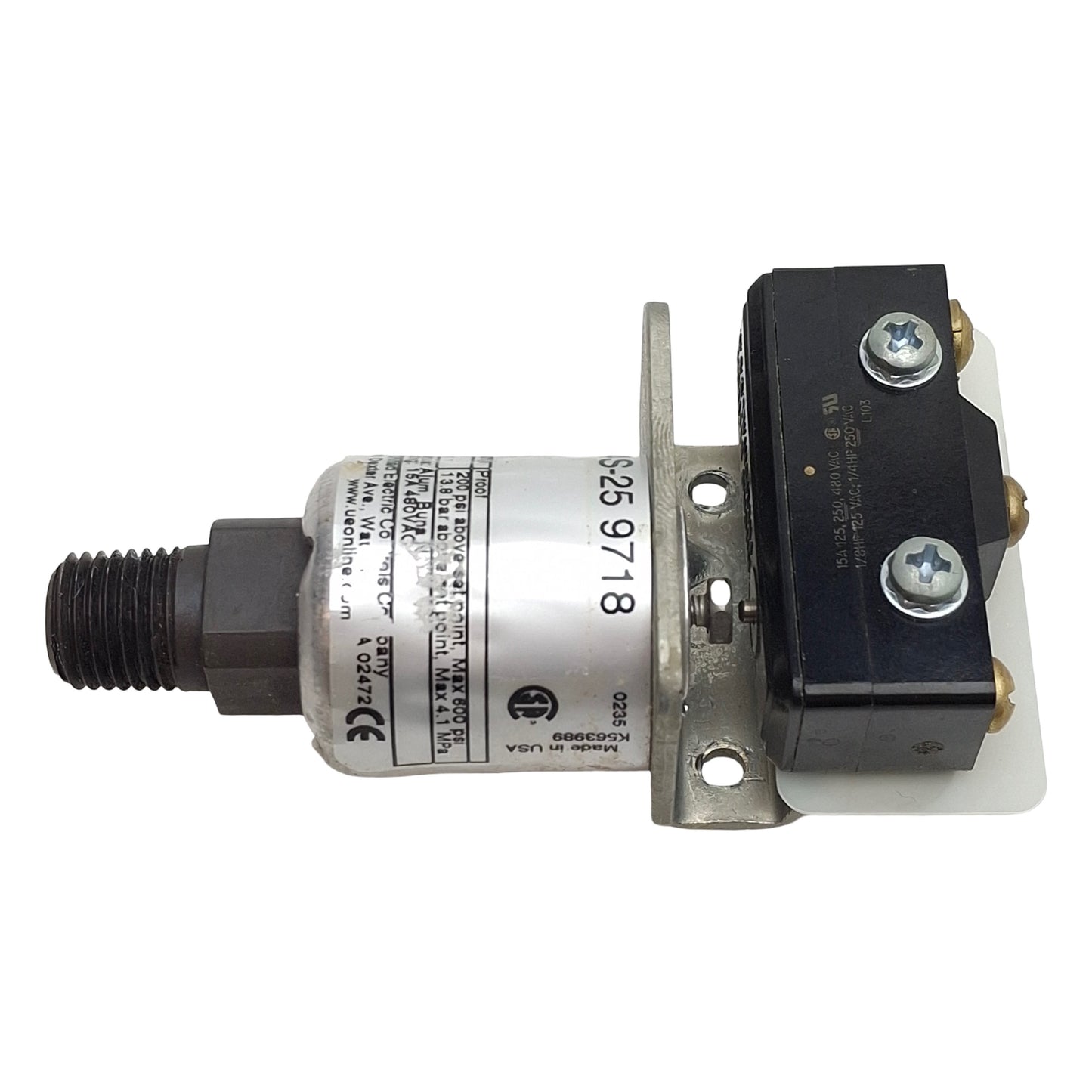 Used United Electric J54S-25 9718 Pressure Switch, 1/4in NPT, 10-100psi, 15A 480VAC