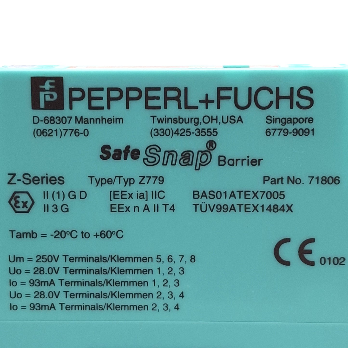 Used Pepperl + Fuchs 71806 Z779 Safe Snap Zener Barrier, 2-Ch 26.5V @ 10µA DC Version