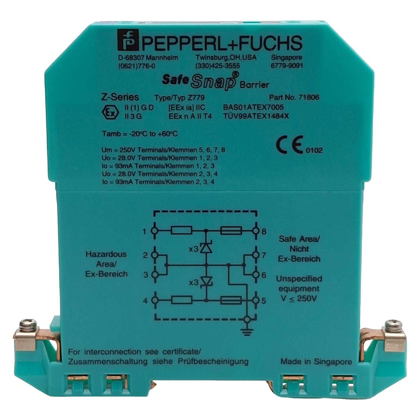 Used Pepperl + Fuchs 71806 Z779 Safe Snap Zener Barrier, 2-Ch 26.5V @ 10µA DC Version
