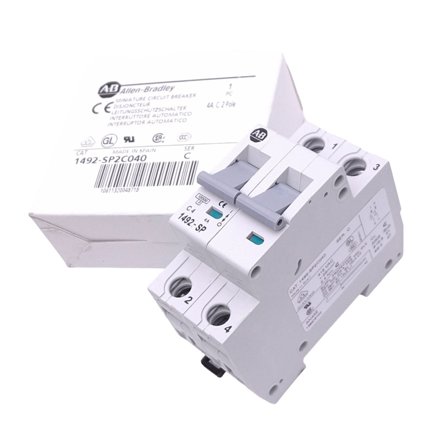 New Allen Bradley 1492-SP2C040 Circuit Breaker, 2-Pole 4A, 415VAC, DIN Rail