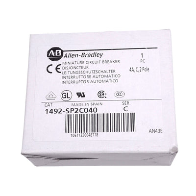 New Allen Bradley 1492-SP2C040 Circuit Breaker, 2-Pole 4A, 415VAC, DIN Rail