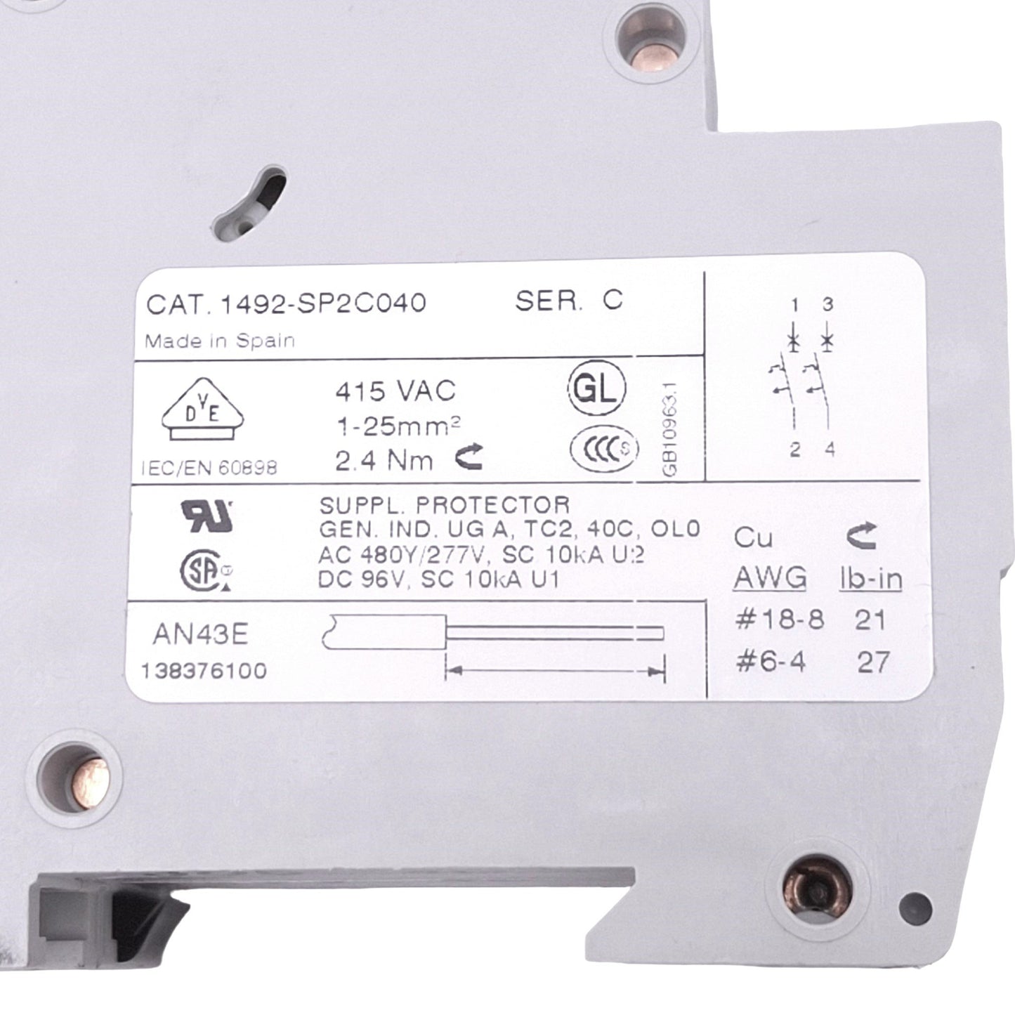 New Allen Bradley 1492-SP2C040 Circuit Breaker, 2-Pole 4A, 415VAC, DIN Rail