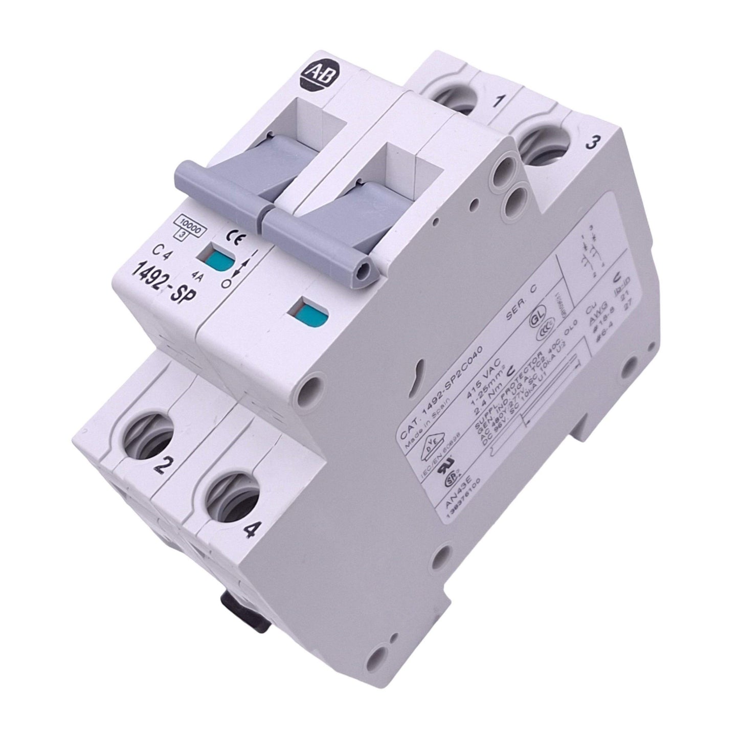 New Allen Bradley 1492-SP2C040 Circuit Breaker, 2-Pole 4A, 415VAC, DIN Rail