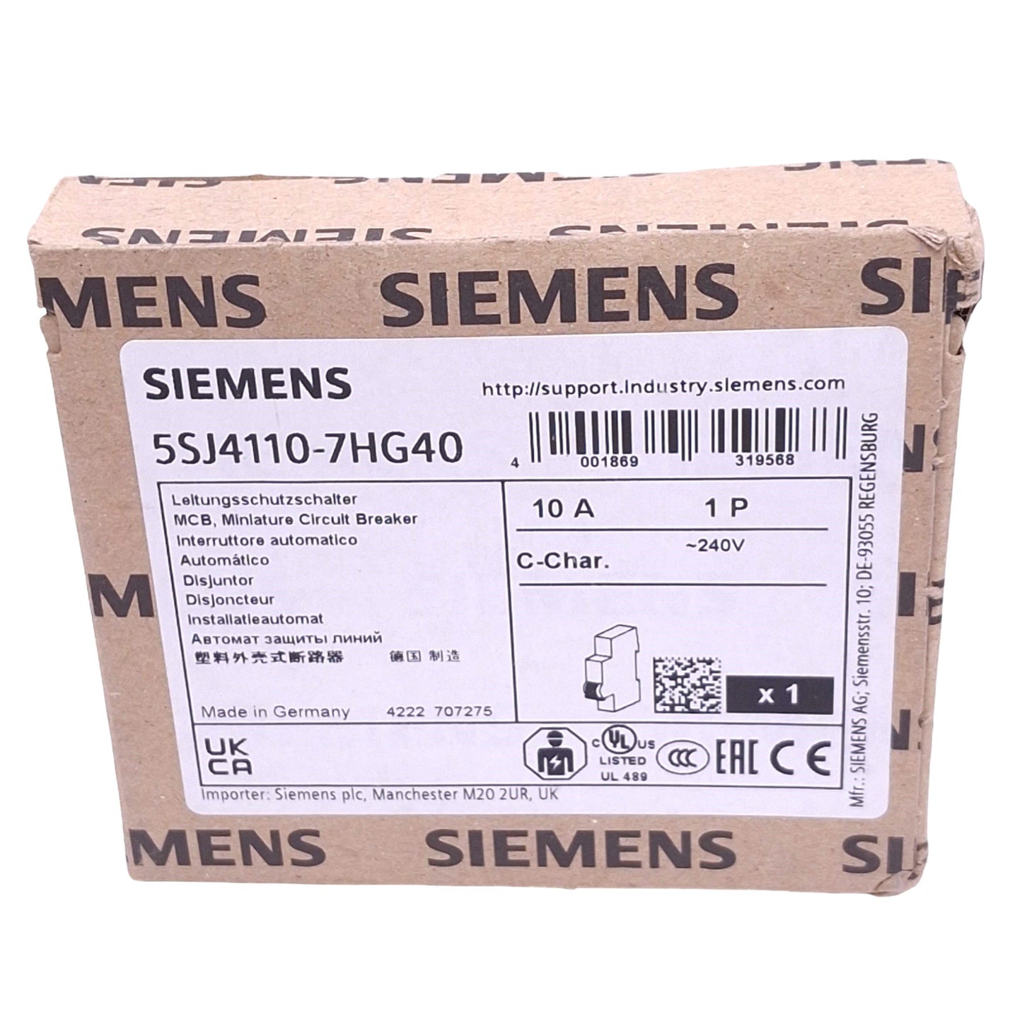 New Siemens 5SJ4110-7HG40 Circuit Breaker, 1-Pole 10A, 240VAC/60VDC Max, DIN Rail
