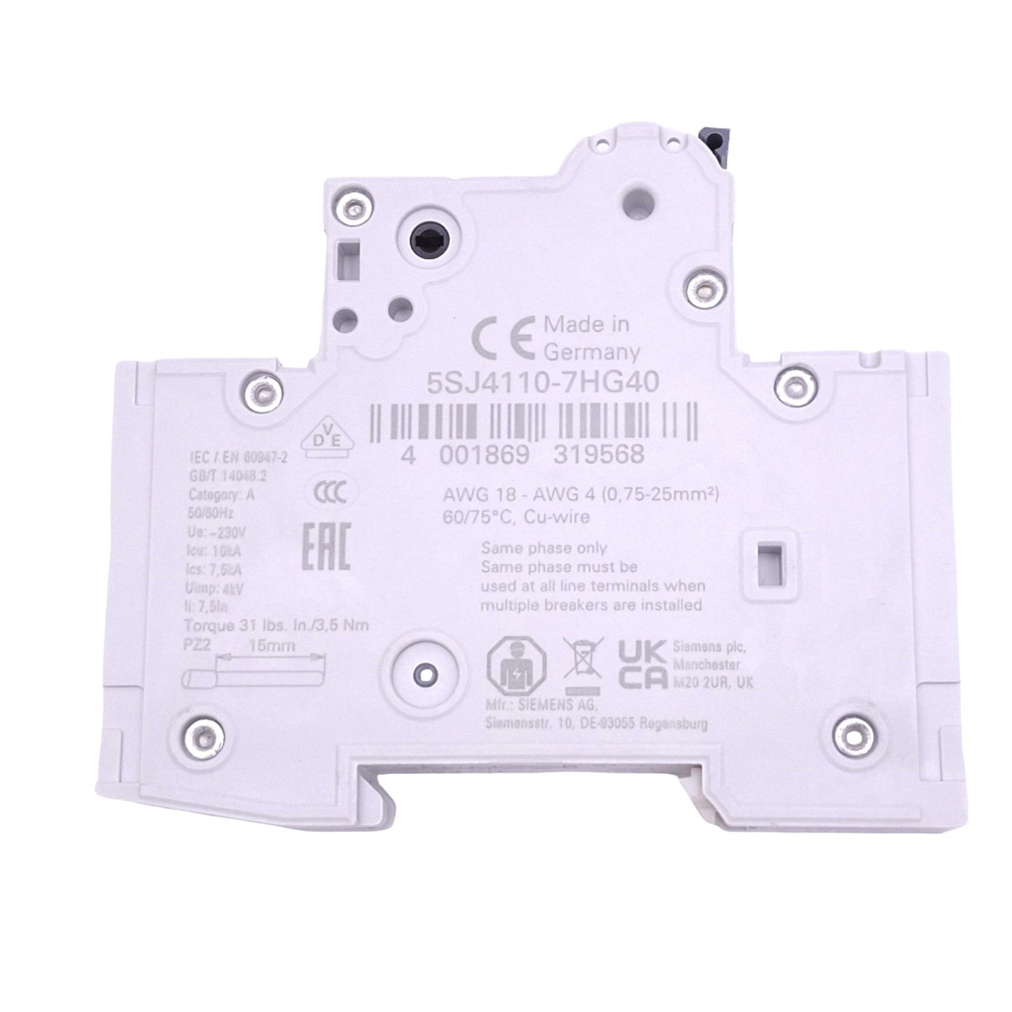 New Siemens 5SJ4110-7HG40 Circuit Breaker, 1-Pole 10A, 240VAC/60VDC Max, DIN Rail