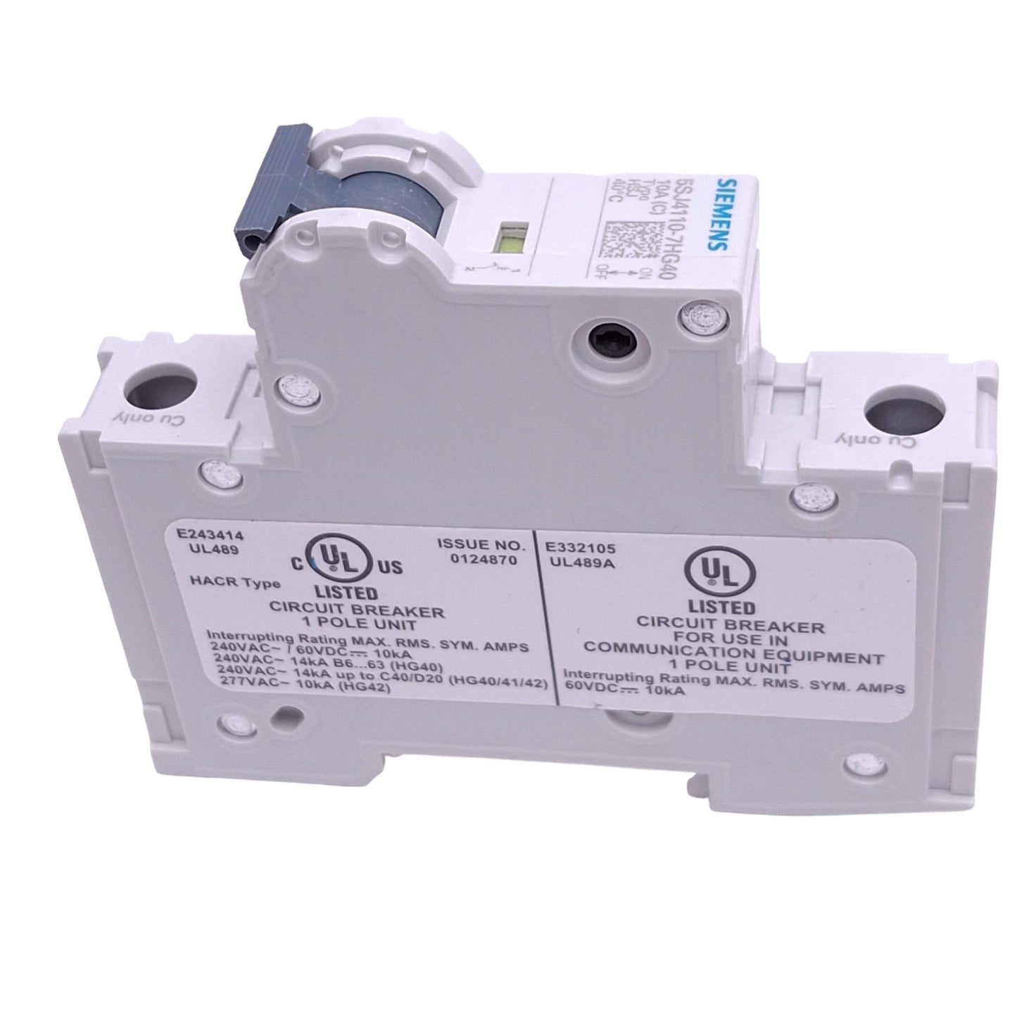 New Siemens 5SJ4110-7HG40 Circuit Breaker, 1-Pole 10A, 240VAC/60VDC Max, DIN Rail