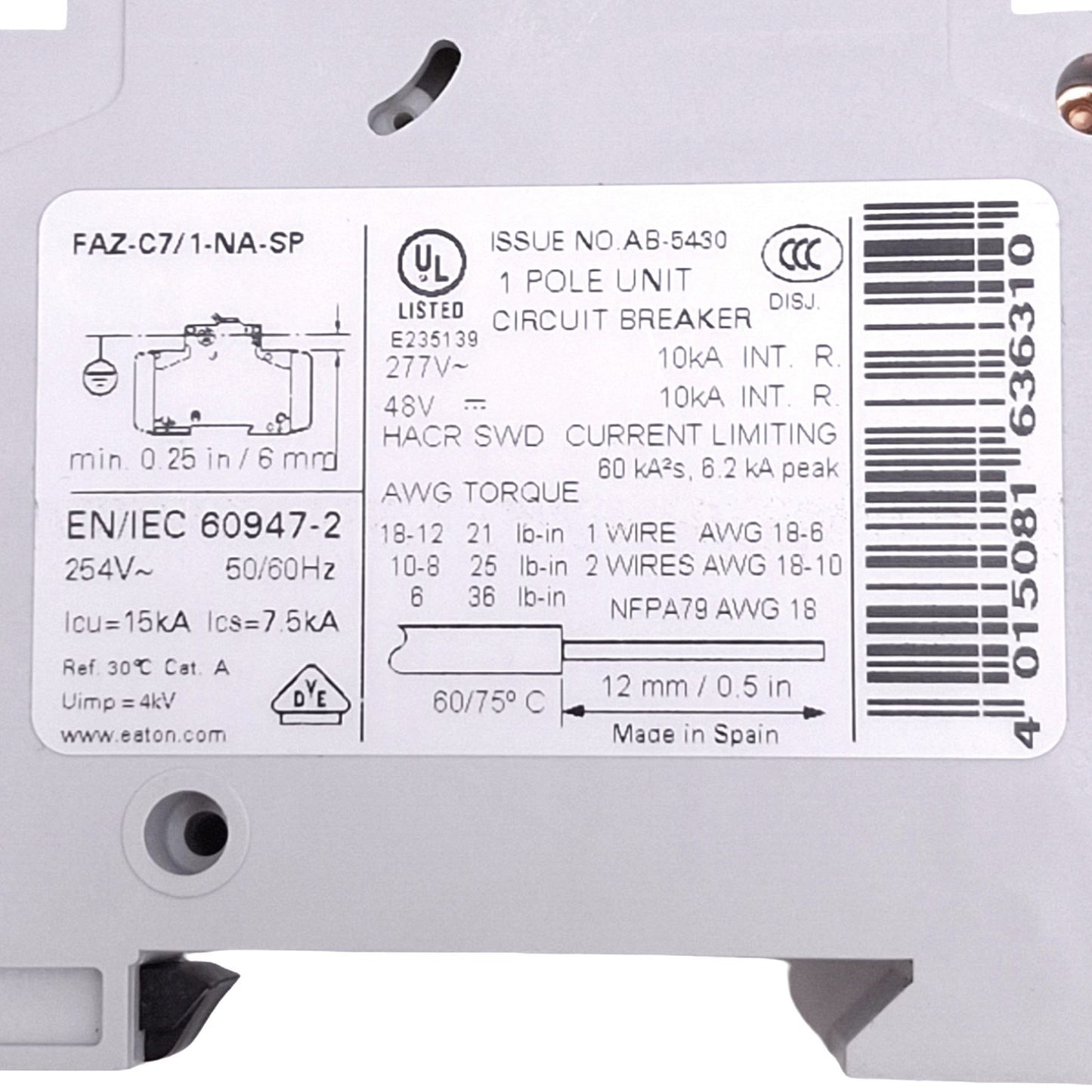 Used Eaton FAZ-C7/1-NA-SP Circuit Breaker, 1-Pole 7A, 277VAC/48VDC Max, DIN Rail