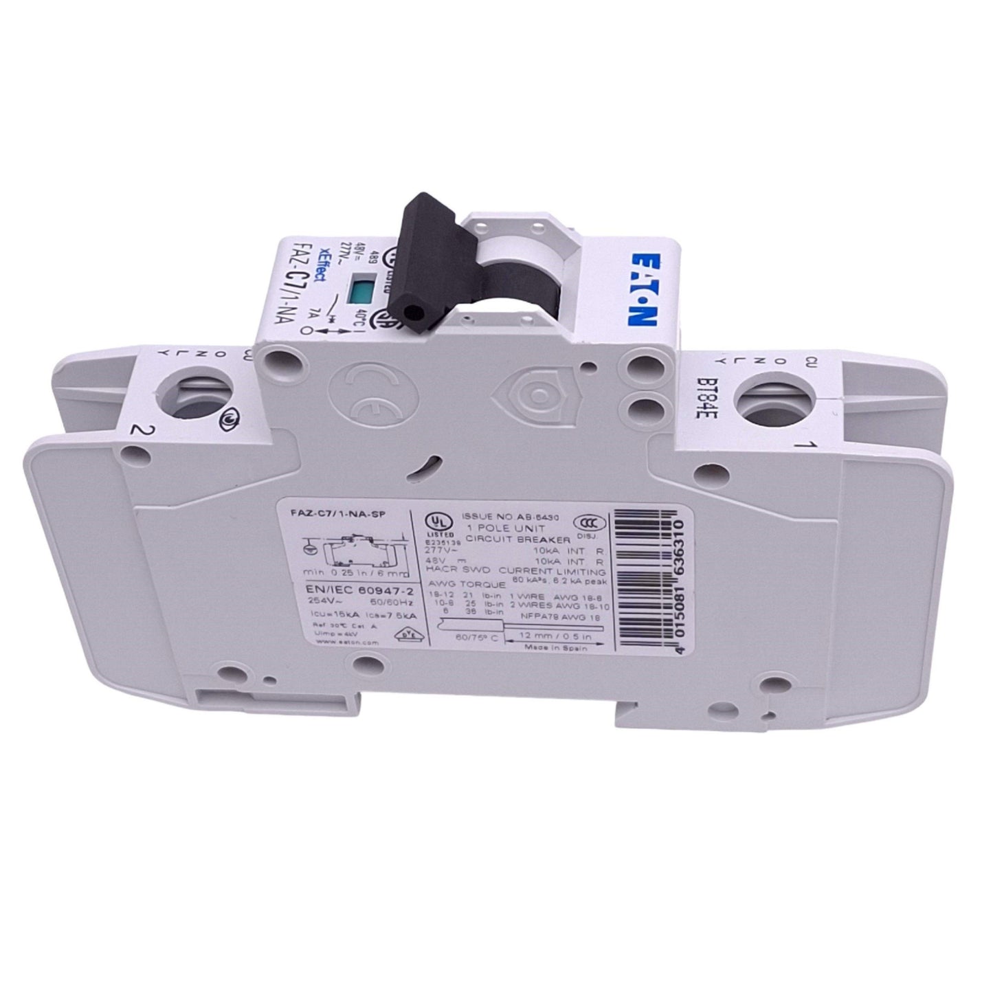 Used Eaton FAZ-C7/1-NA-SP Circuit Breaker, 1-Pole 7A, 277VAC/48VDC Max, DIN Rail
