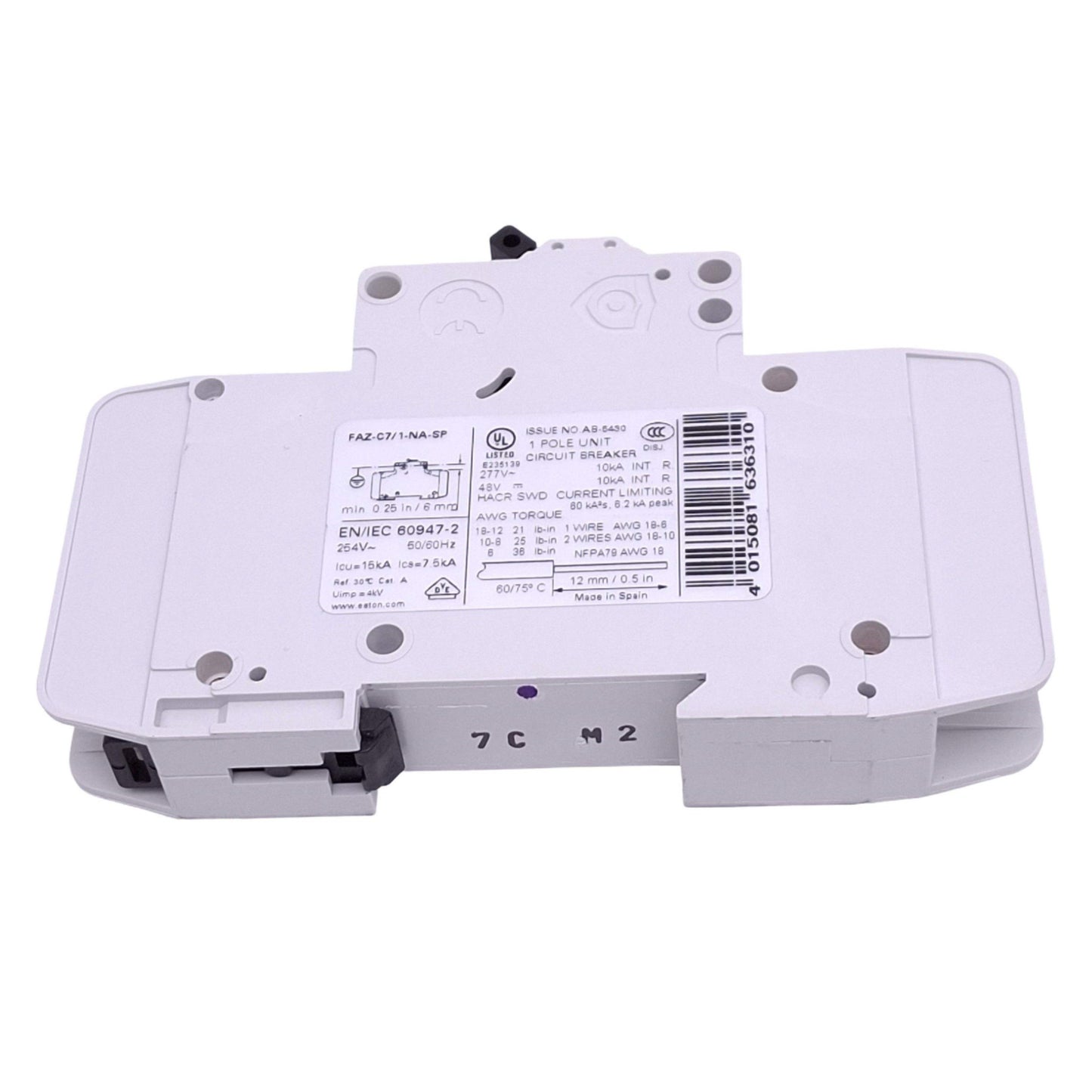 Used Eaton FAZ-C7/1-NA-SP Circuit Breaker, 1-Pole 7A, 277VAC/48VDC Max, DIN Rail