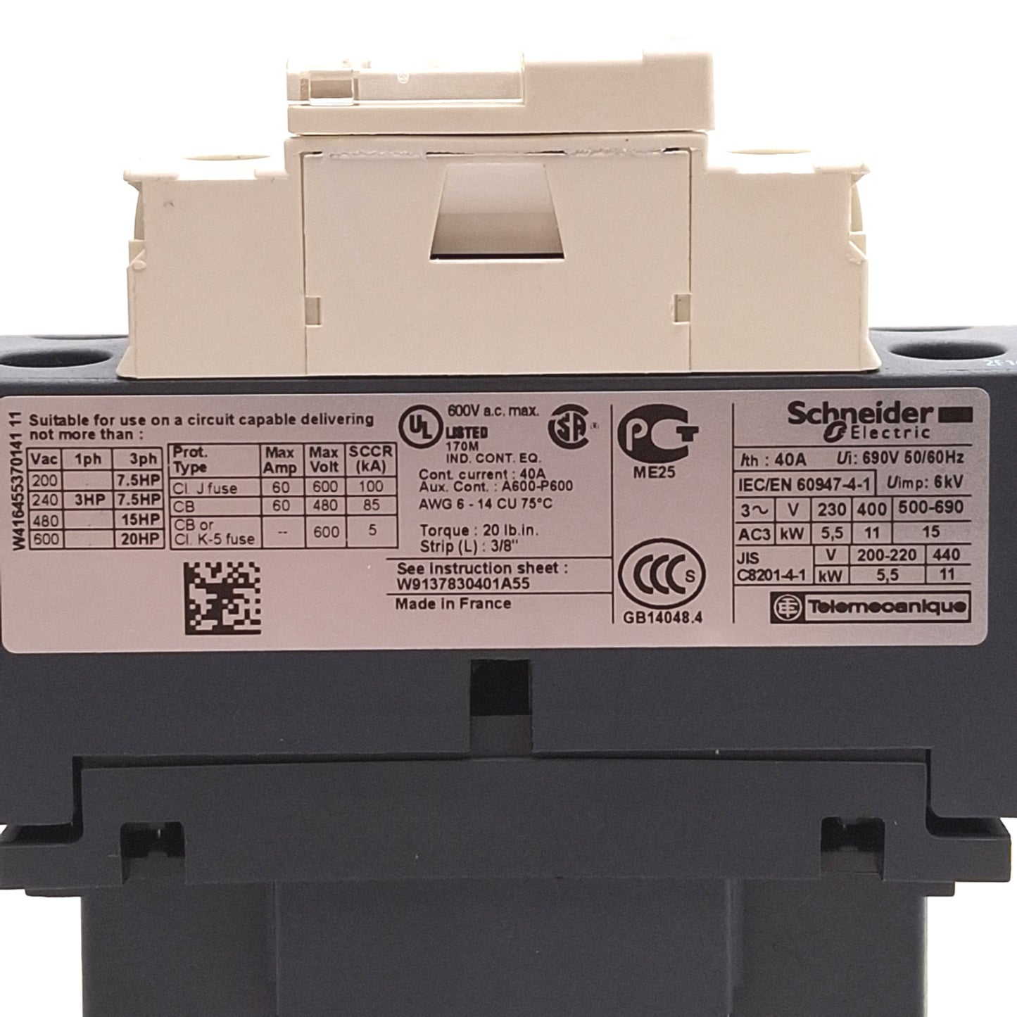 Used Schneider Electric LC1D25F7 Contactor, 3-Pole, 25A, 11kW @ 400VAC, 110VAC Coil
