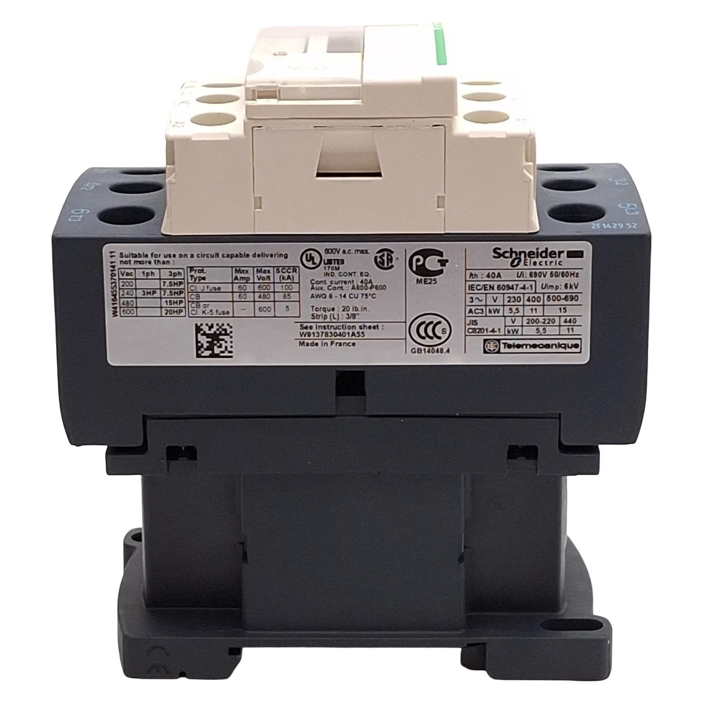Used Schneider Electric LC1D25F7 Contactor, 3-Pole, 25A, 11kW @ 400VAC, 110VAC Coil