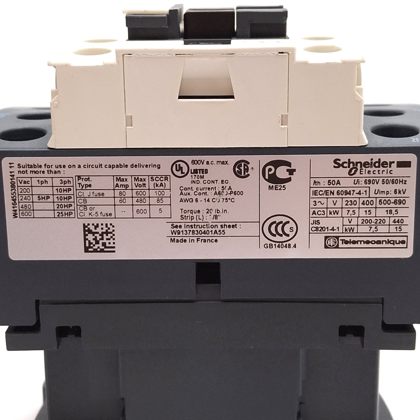 Used Schneider Electric LC1D32F7 Contactor, 3-Pole, 32A, 15kW @ 400VAC, 110VAC Coil