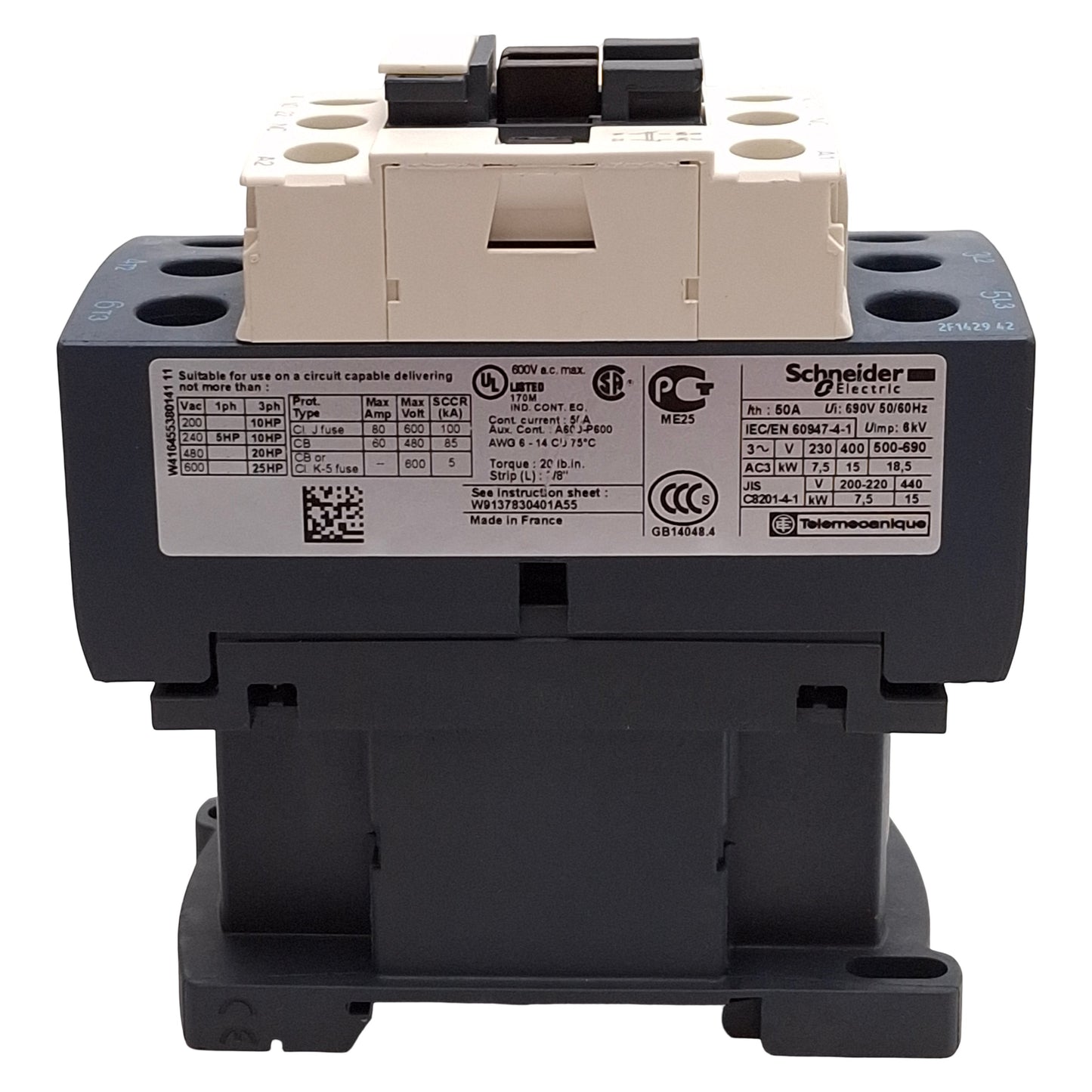 Used Schneider Electric LC1D32F7 Contactor, 3-Pole, 32A, 15kW @ 400VAC, 110VAC Coil
