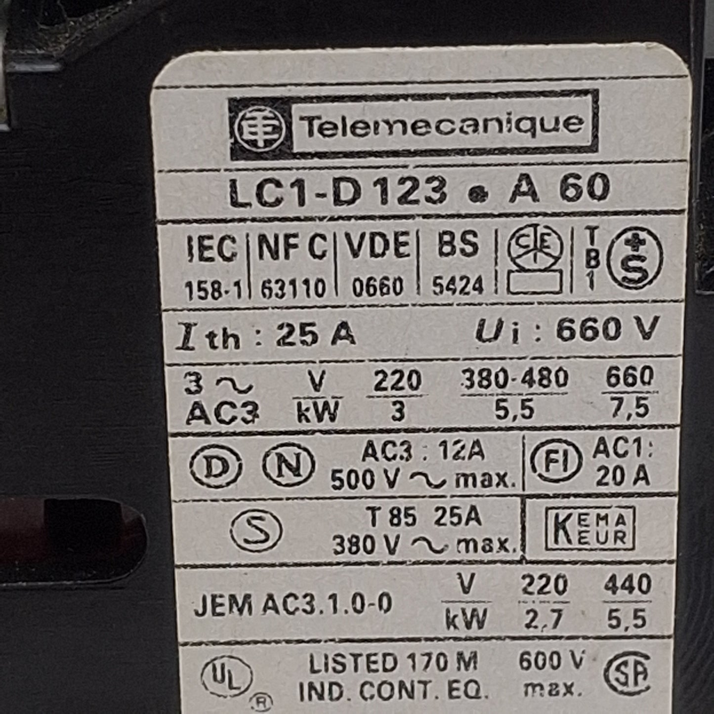 Used Telemecanique LC1-D123-F5-A60 Contactor, 3-Pole, 25A 600VAC, 110-120VAC Coil