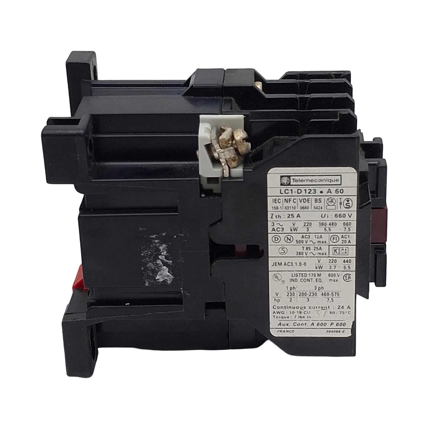 Used Telemecanique LC1-D123-F5-A60 Contactor, 3-Pole, 25A 600VAC, 110-120VAC Coil