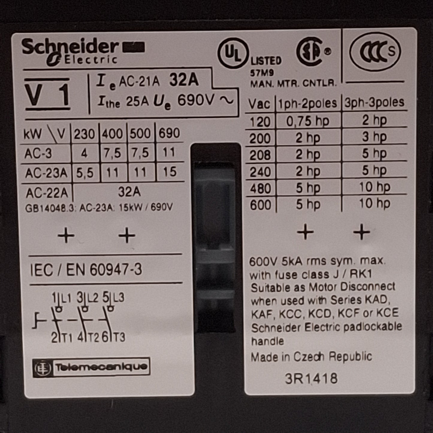 Used Schneider Electric V1 TeSys Control Switch Body, 3-Pole, 32A, 7.5kW @ 500VAC