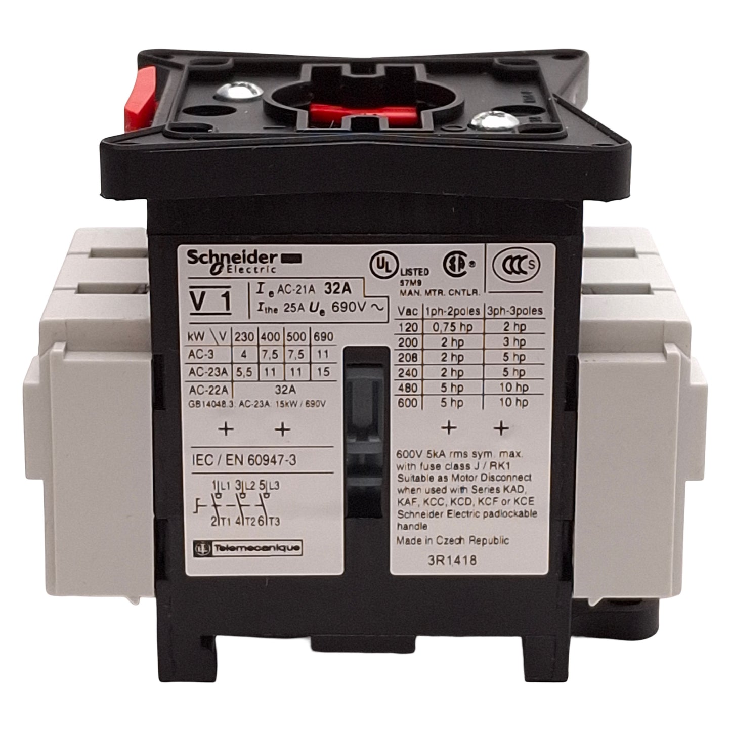 Used Schneider Electric V1 TeSys Control Switch Body, 3-Pole, 32A, 7.5kW @ 500VAC