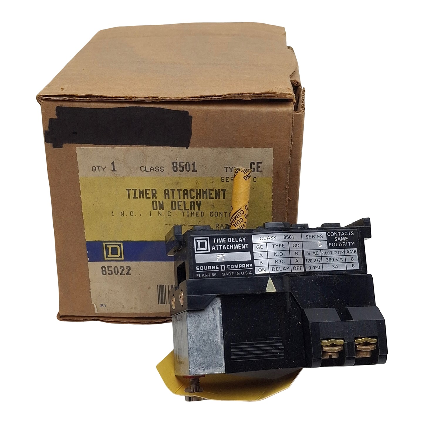 New – Open box Square D 85022 8501 GE Timer Attachment On Delay, 1NO/1NC, 6A 120-277VAC