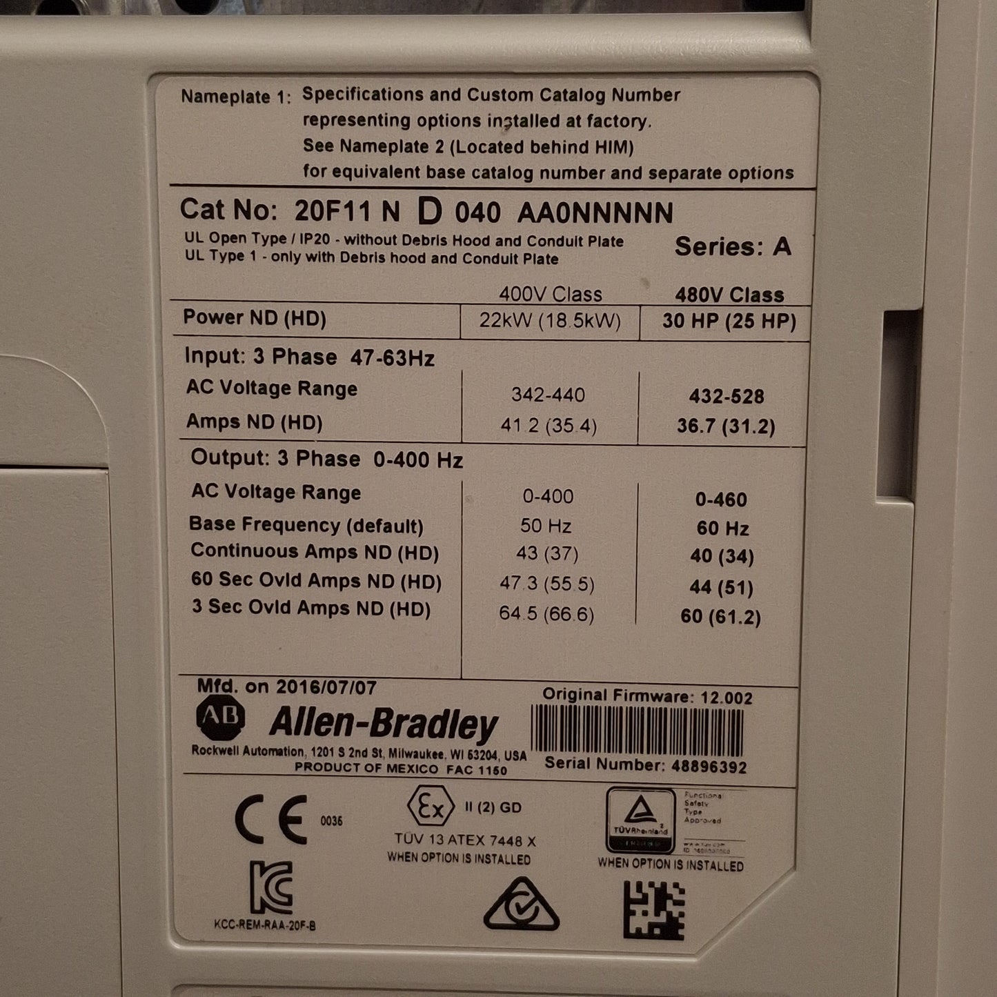 Used Allen Bradley 20F11ND040AA0NNNNN PowerFlex 753 AC Drive, 30HP, 3Ø 0-460VAC 40A