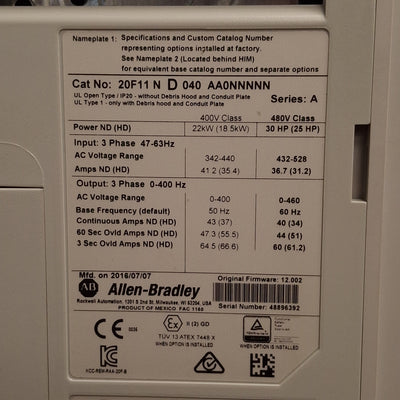 Used Allen Bradley 20F11ND040AA0NNNNN PowerFlex 753 AC Drive, 30HP, 3Ø 0-460VAC 40A