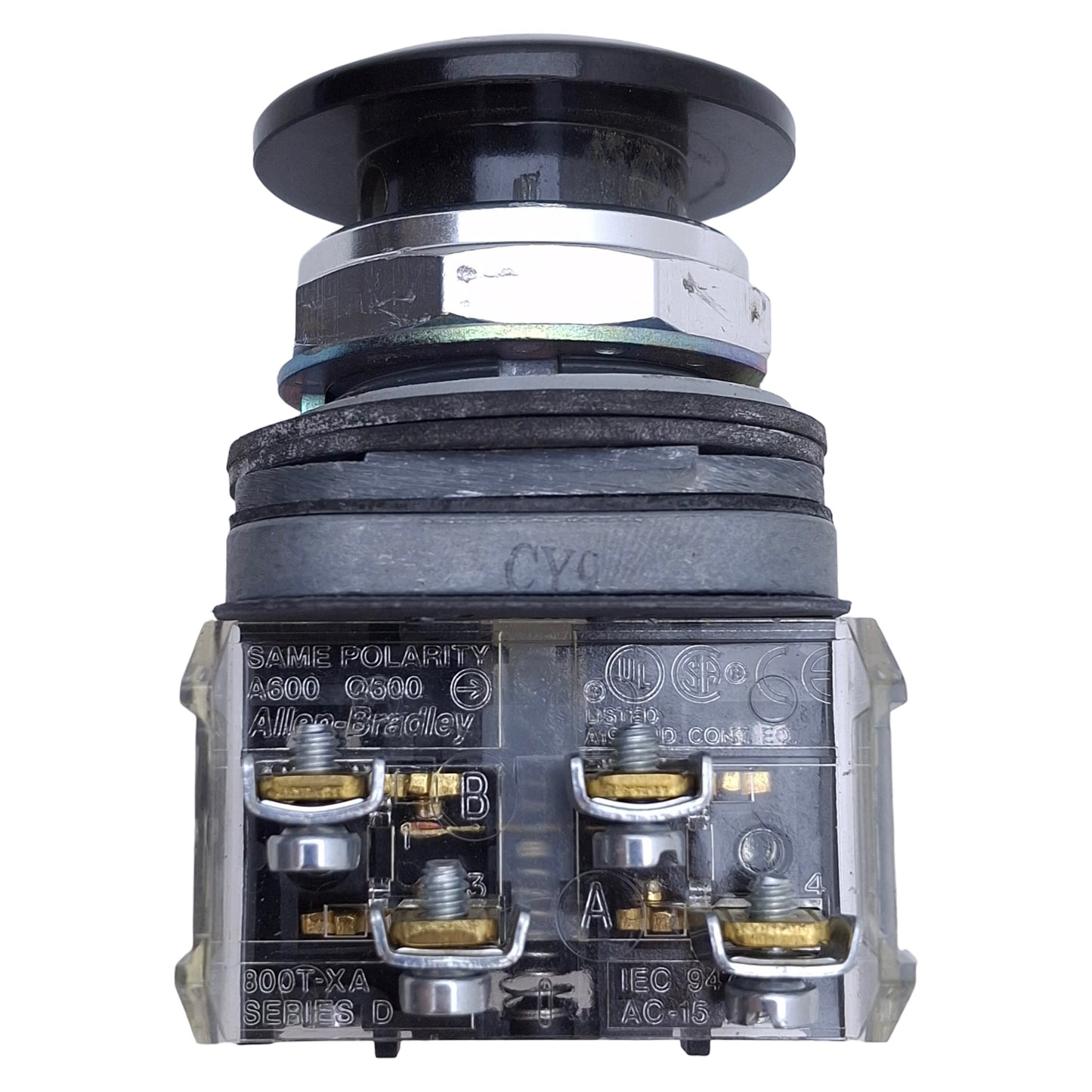 Used Allen Bradley 800T-D2A Momentary Black Push Button ø30mm, 1NO+1NC, 600VAC 10A
