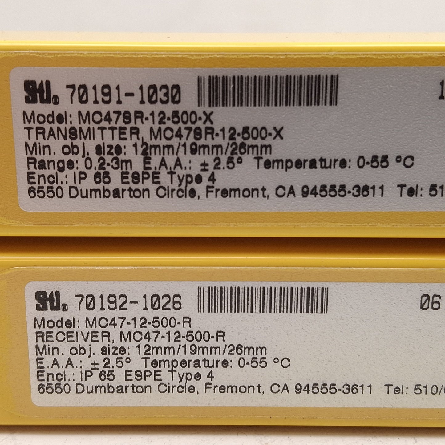 Used STI MC47SR-12-500-X / MC47-12-500-R Safety Light Curtain Transmitter & Receiver