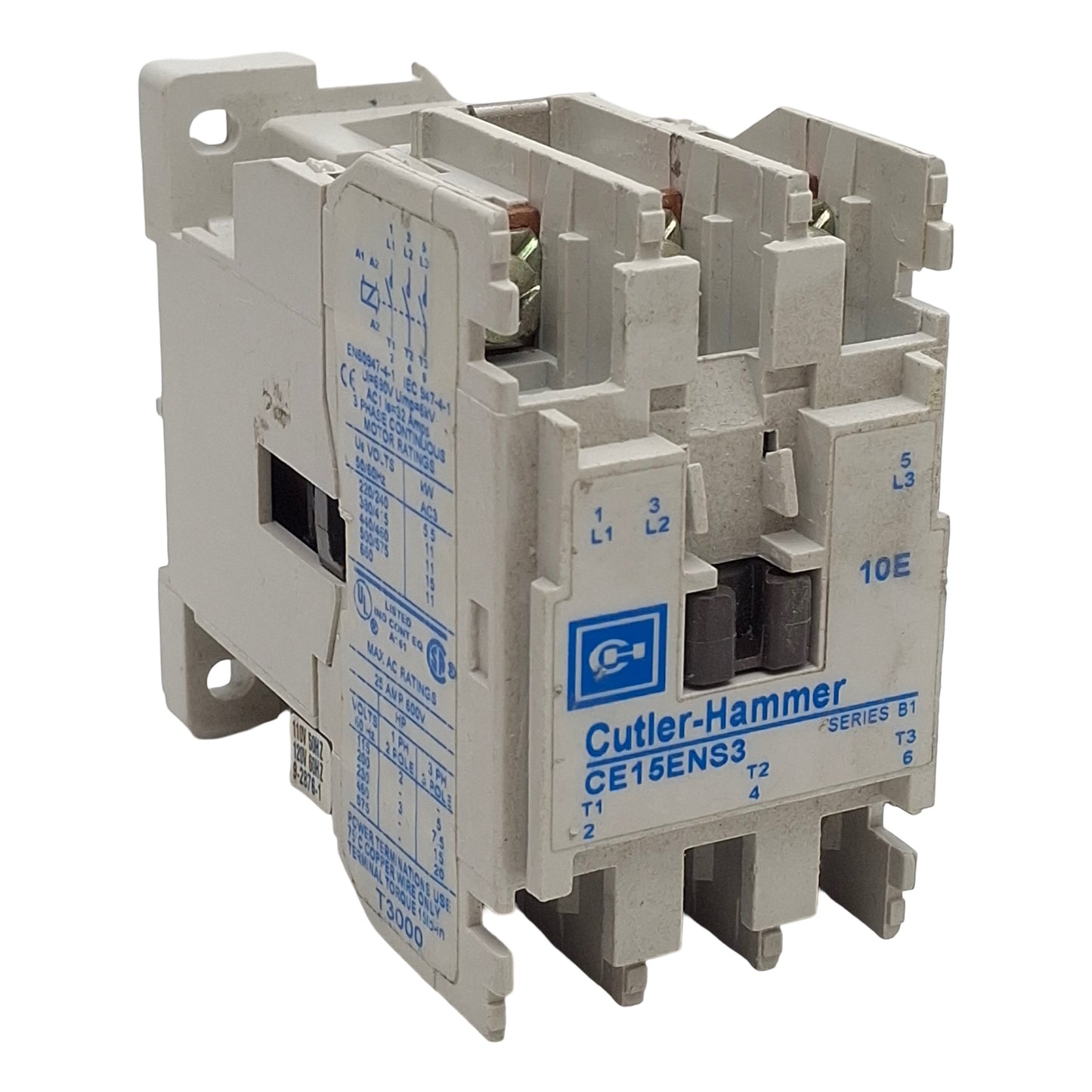 Used Cutler-Hammer CE15ENS3AB Contactor, 3-P 25A 600VAC, 110/120VAC Coil *Broken DIN*