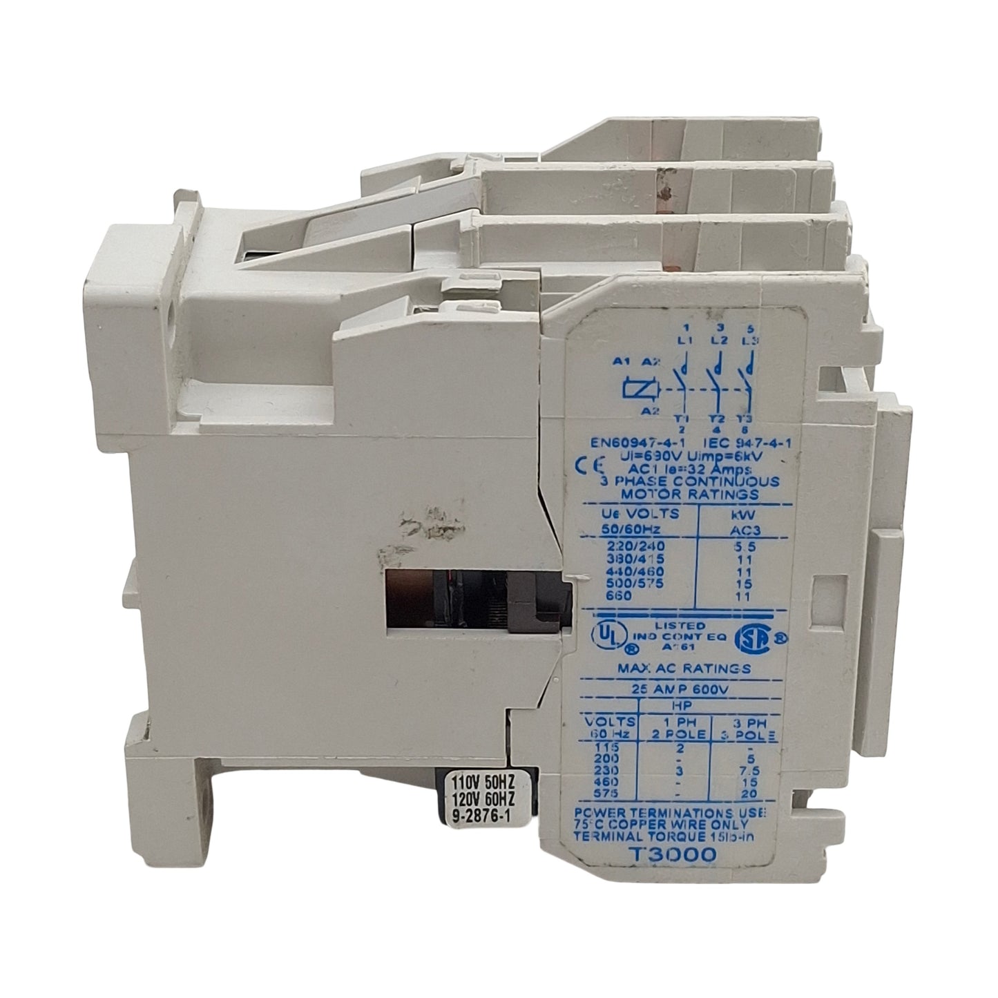 Used Cutler-Hammer CE15ENS3AB Contactor, 3-P 25A 600VAC, 110/120VAC Coil *Broken DIN*