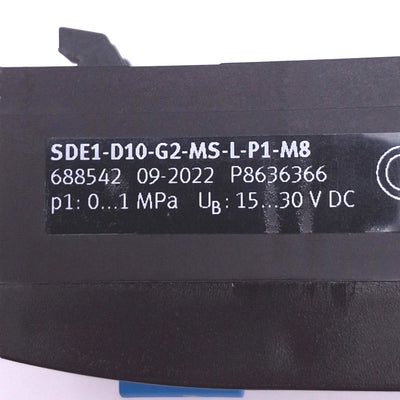 New – Open box Festo SDE1-D10-G2-MS-L-P1-M8 Pressure Sensor, 0-10bar, PNP Out, 15-30VDC