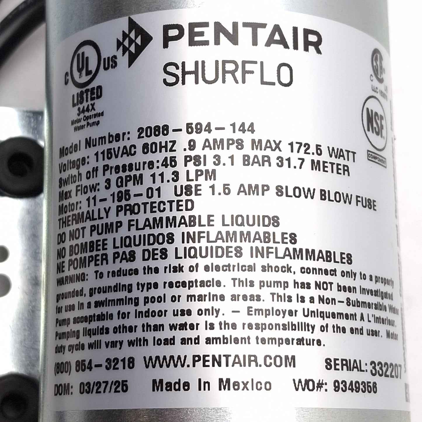 New – Open box Pentair 2088-594-144 SHURflo Diaphragm Pump, 3.0GPM, 130°F, 1/2in NPS, 115VAC