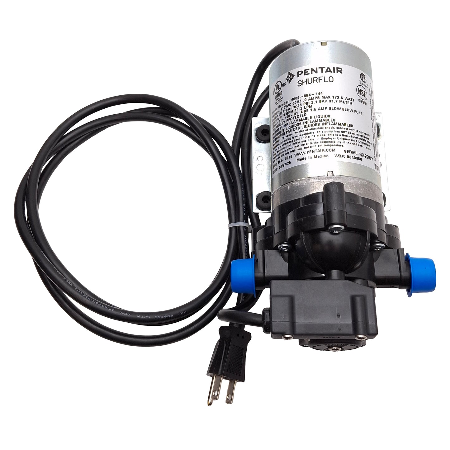 New – Open box Pentair 2088-594-144 SHURflo Diaphragm Pump, 3.0GPM, 130°F, 1/2in NPS, 115VAC