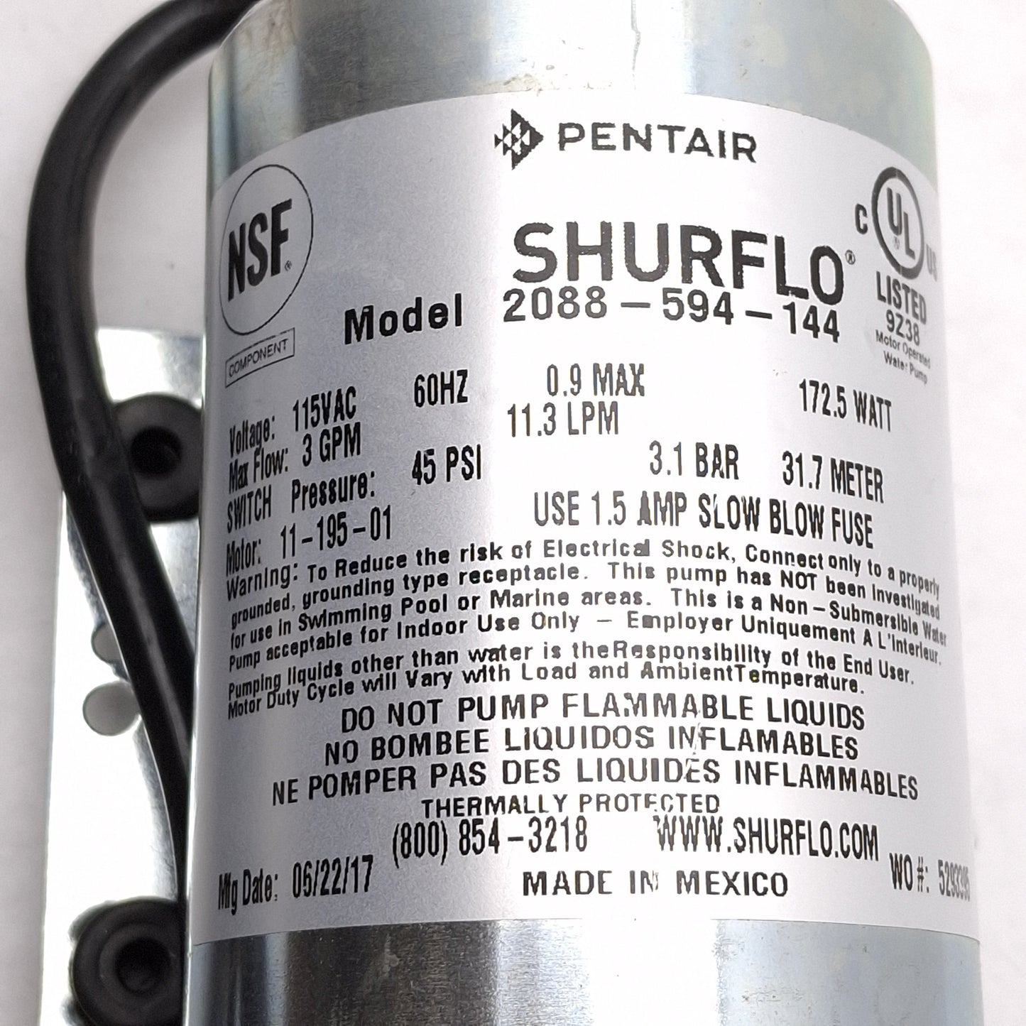 Used Pentair 2088-594-144 SHURflo Diaphragm Pump, 3.0GPM, 130°F, 1/2in-14 NPS, 115VAC