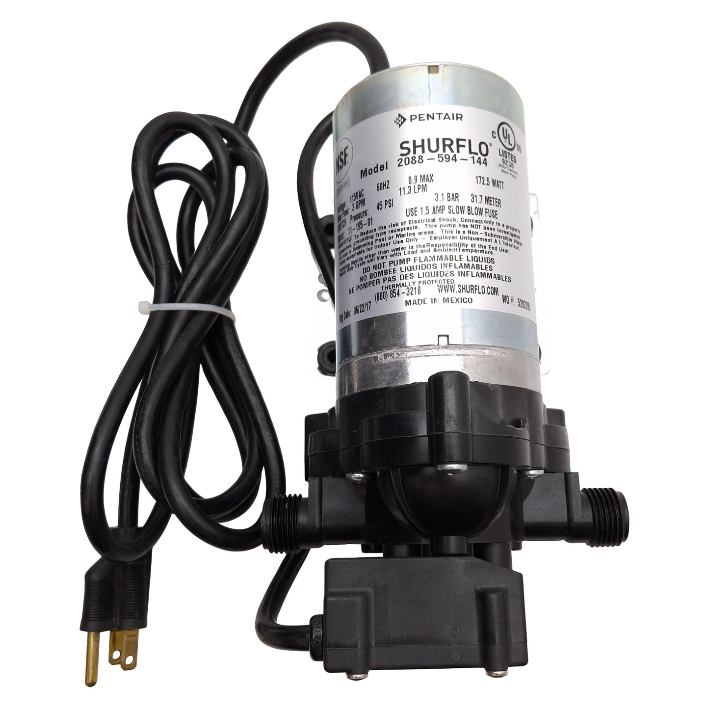 Used Pentair 2088-594-144 SHURflo Diaphragm Pump, 3.0GPM, 130°F, 1/2in-14 NPS, 115VAC