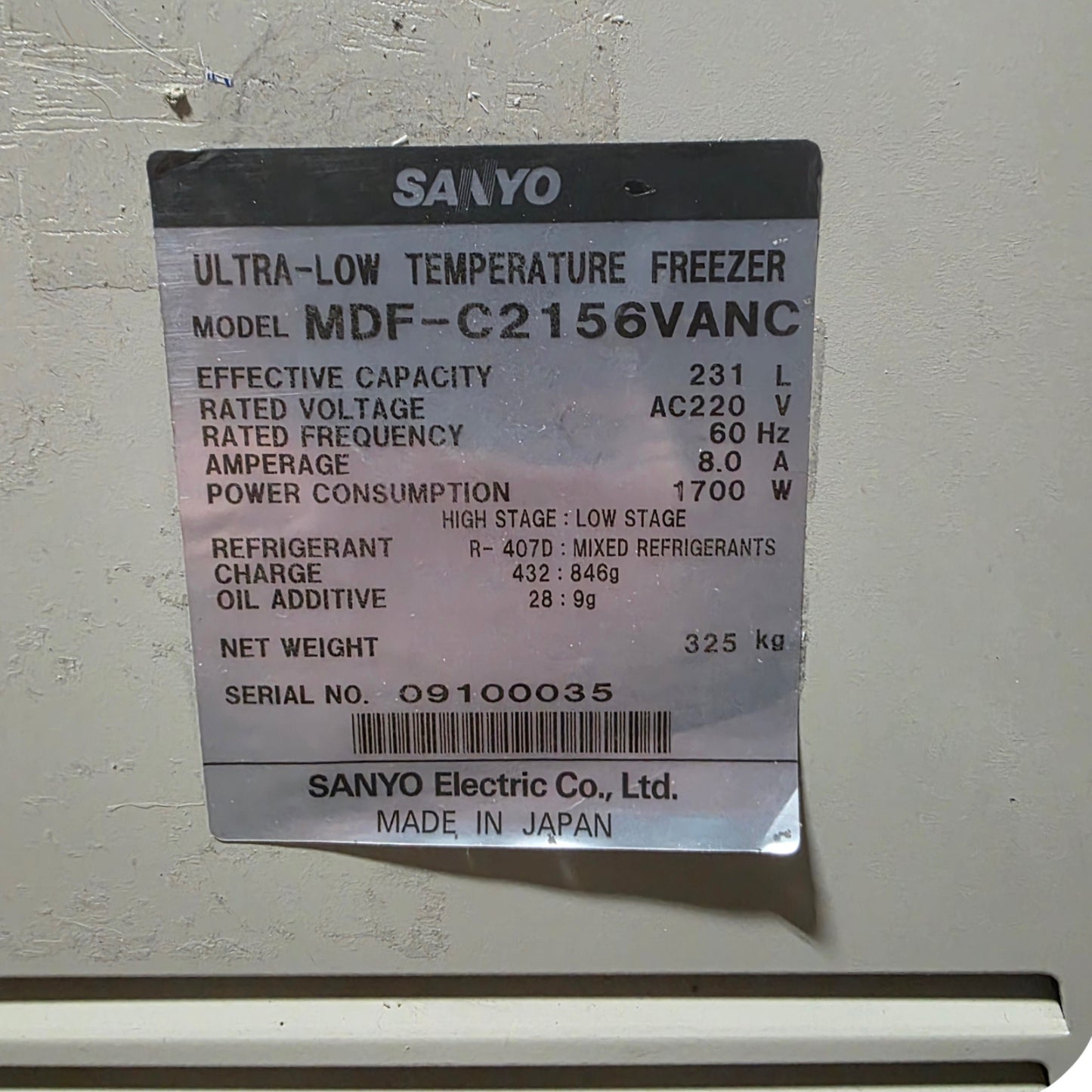 Used Sanyo MDF-C2156VANC Ultra Low Temperature Freezer -125°C To -150°C, 220VAC 1-Ph