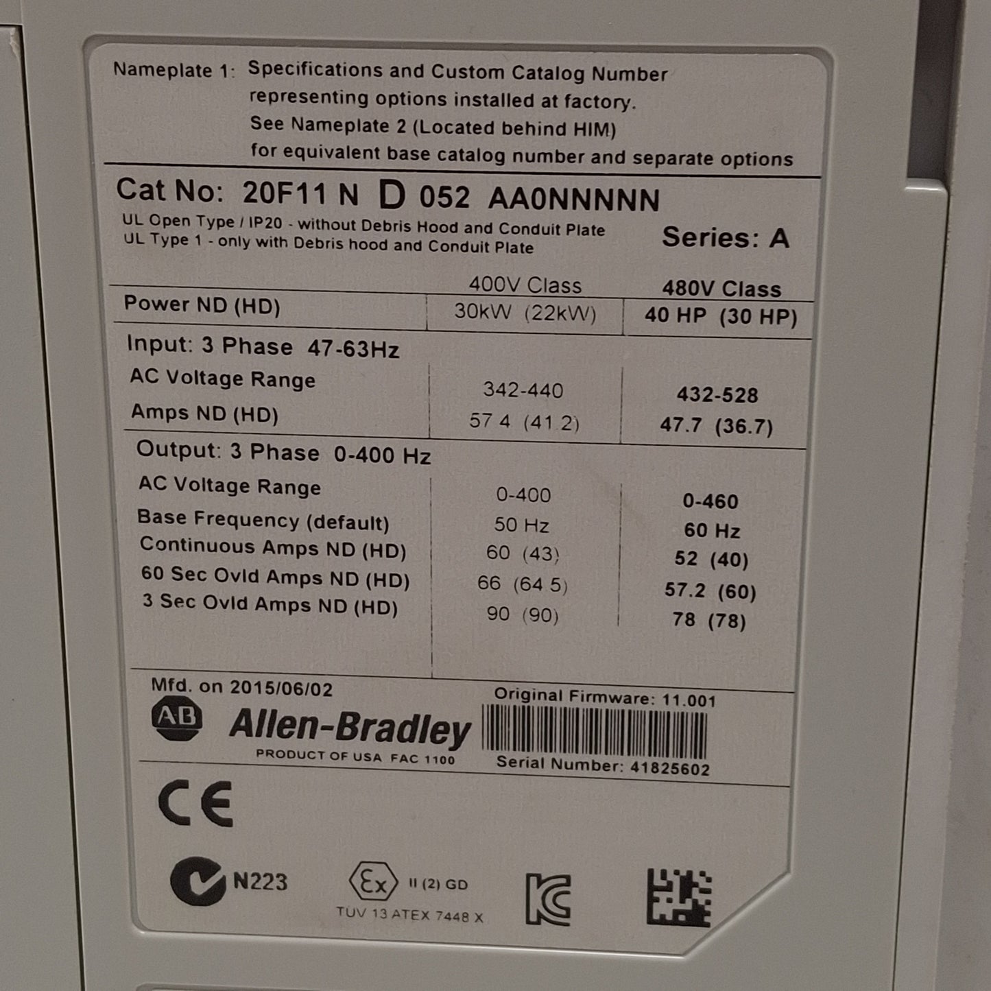 Used Allen Bradley 20F11ND052AA0NNNNN PowerFlex 753 AC Drive, 40HP, 3Ø 0-460VAC 52A