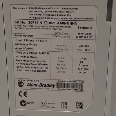 Used Allen Bradley 20F11ND052AA0NNNNN PowerFlex 753 AC Drive, 40HP, 3Ø 0-460VAC 52A