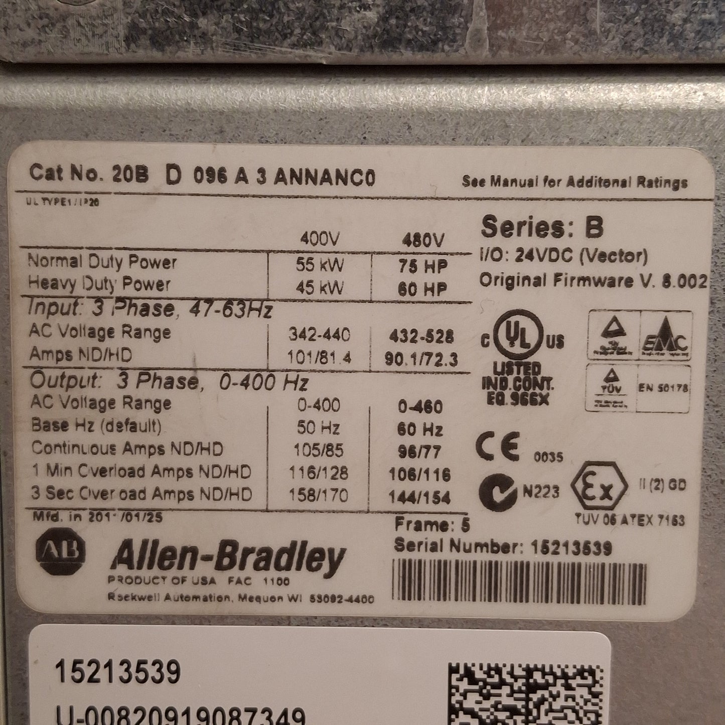 Used Allen Bradley 20BD096A3ANNANC0 PowerFlex 700 AC Drive, 75HP, 3Ø 0-460VAC 96A