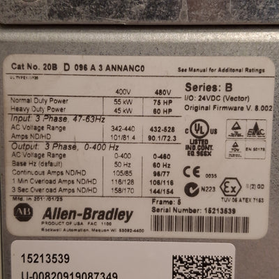Used Allen Bradley 20BD096A3ANNANC0 PowerFlex 700 AC Drive, 75HP, 3Ø 0-460VAC 96A