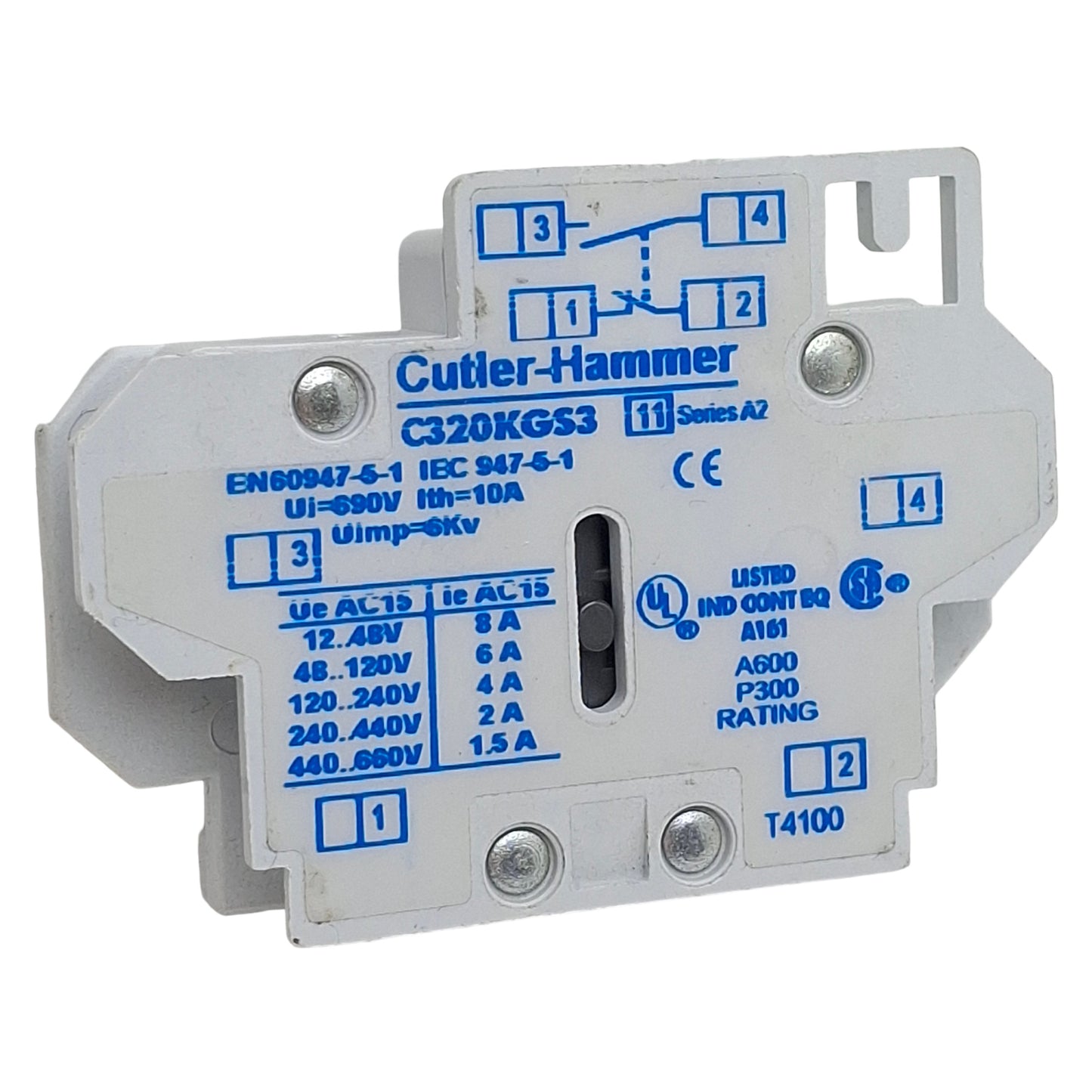 Used Cutler-Hammer C320KGS3 Auxiliary Contact, 1NO + 1NC, 10A 600VAC, Side Mount