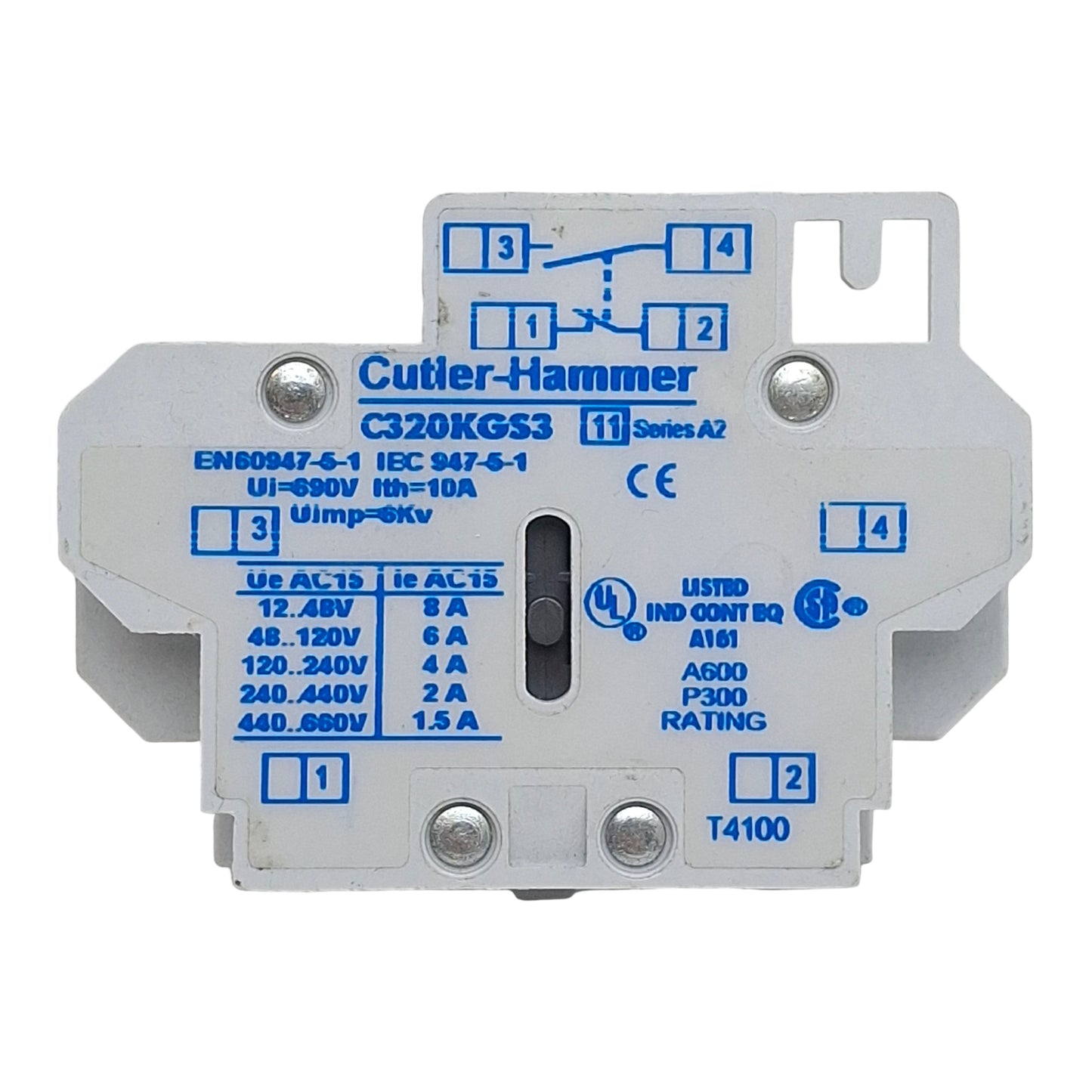 Used Cutler-Hammer C320KGS3 Auxiliary Contact, 1NO + 1NC, 10A 600VAC, Side Mount