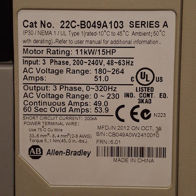Used Allen Bradley 22C-B049A103 PowerFlex 400 AC Drive, 15HP, 3Ø 0-230VAC 49A 0-320Hz