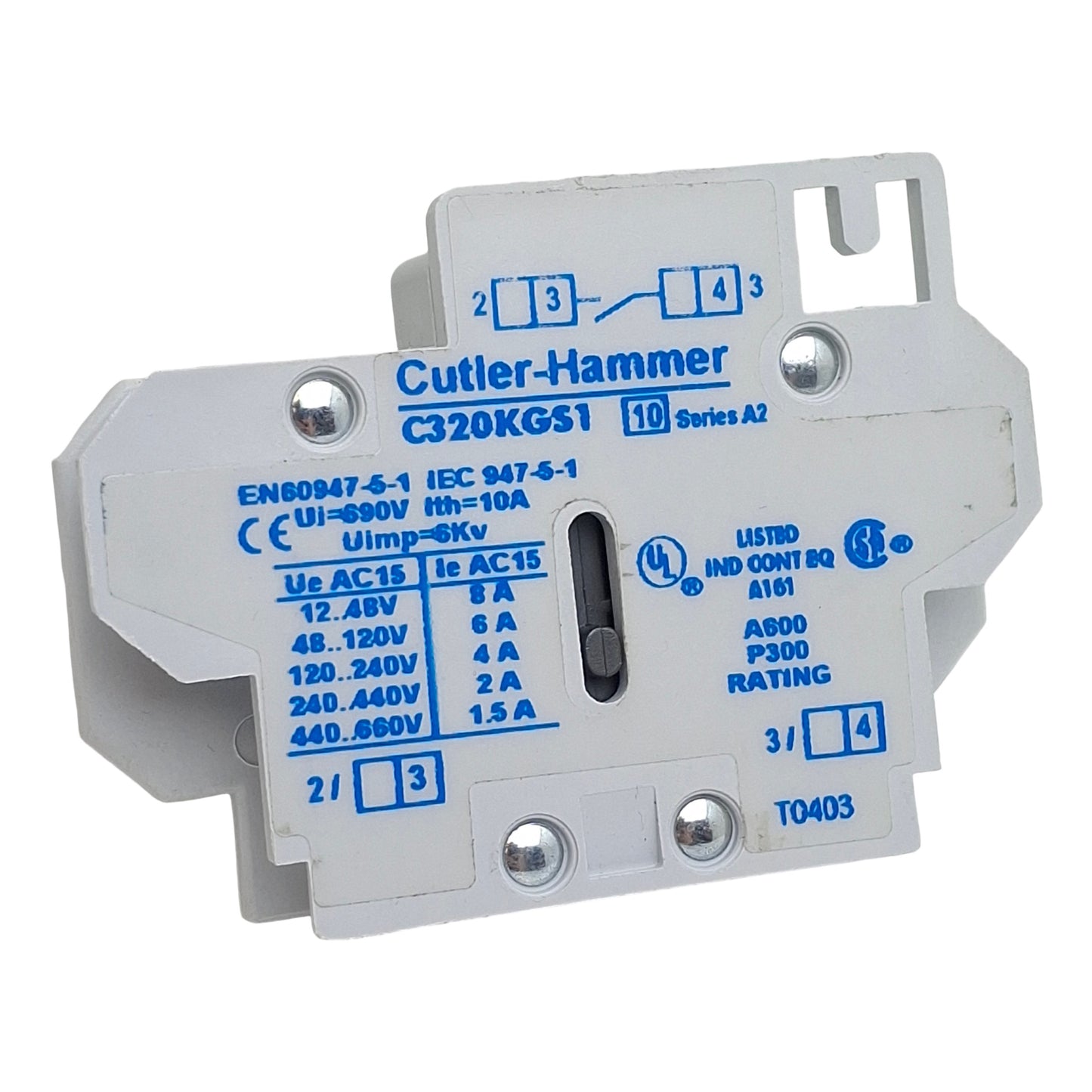 Used Cutler-Hammer C320KGS1 Auxiliary Contact, 1 Normally Open, 10A 600VAC Side Mount