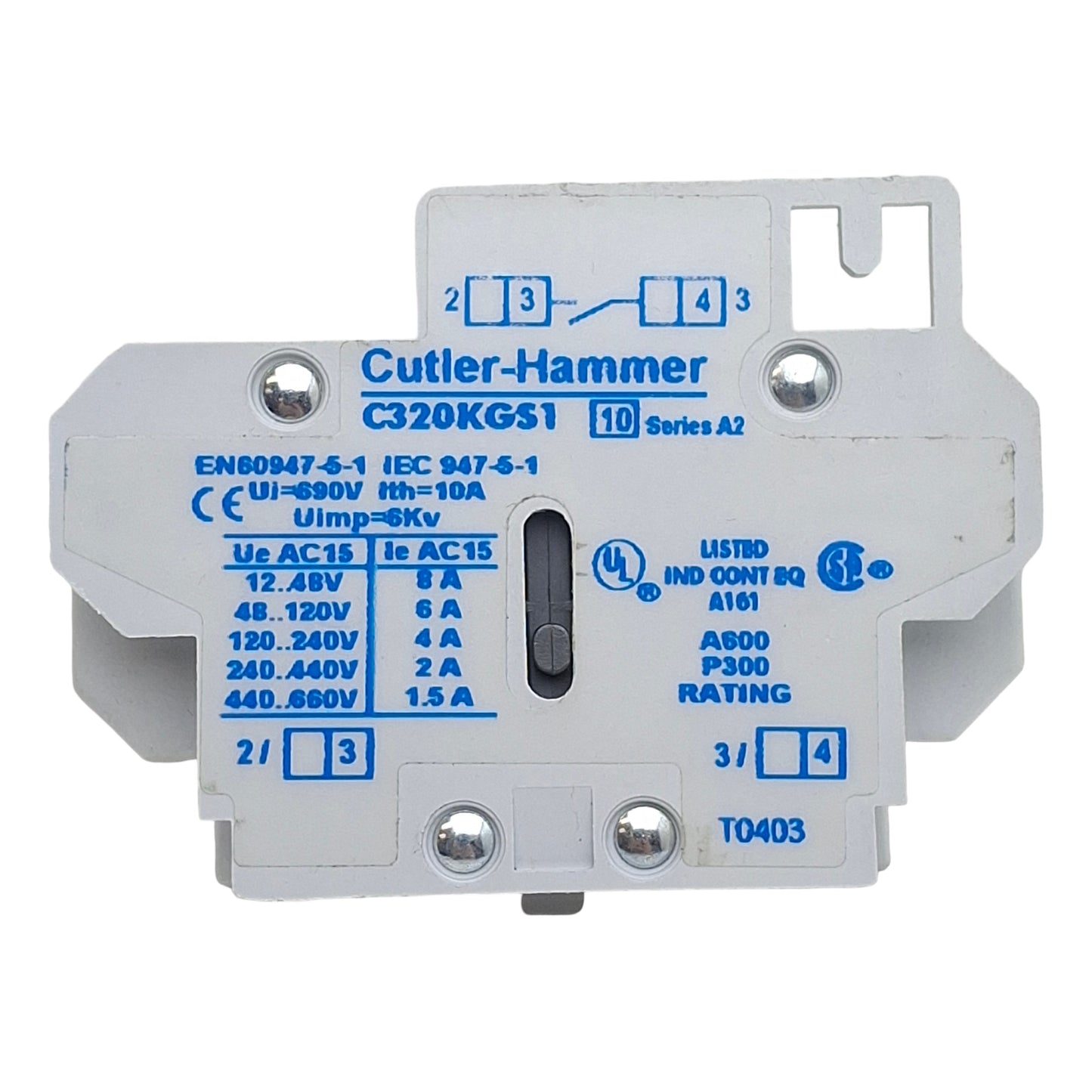 Used Cutler-Hammer C320KGS1 Auxiliary Contact, 1 Normally Open, 10A 600VAC Side Mount