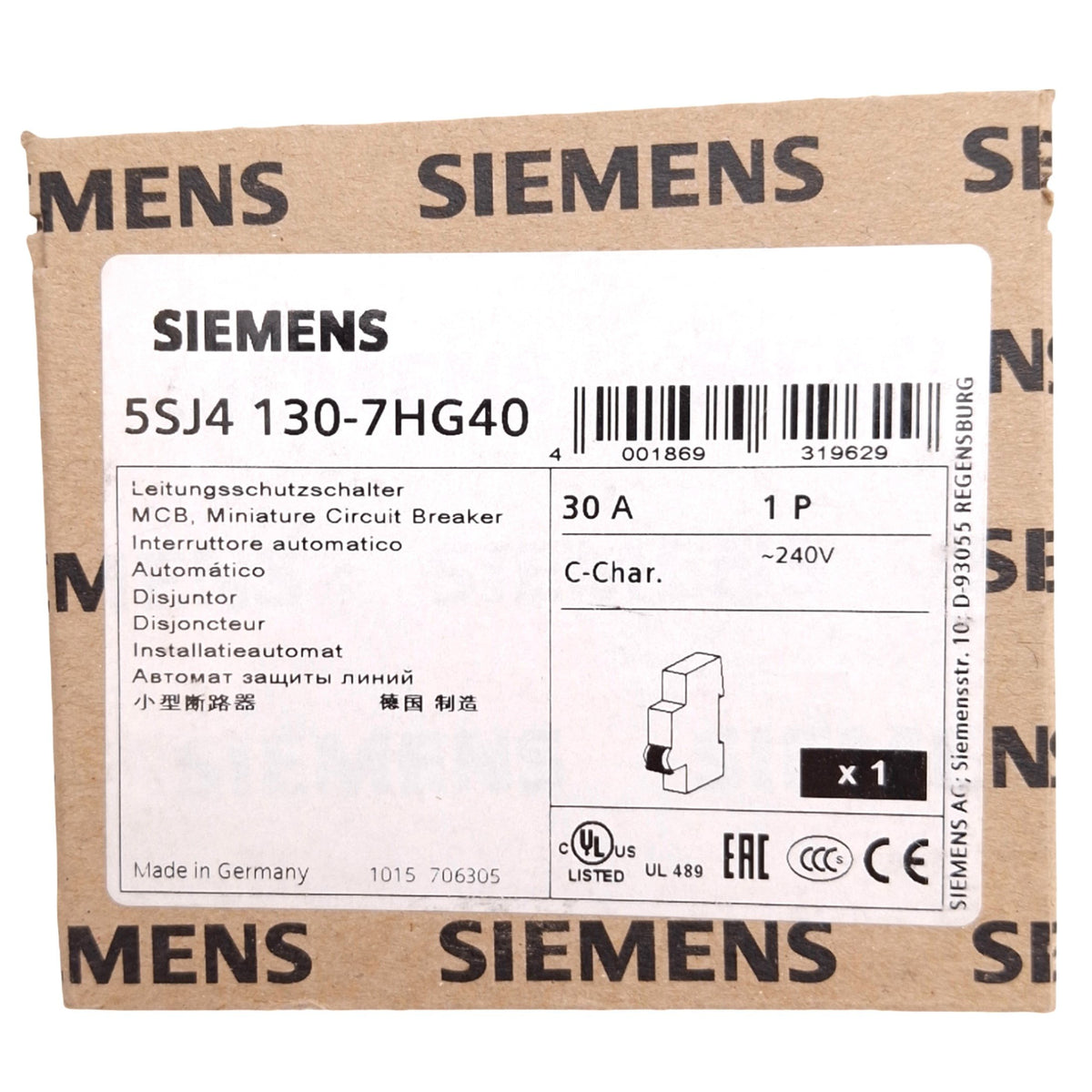 New Siemens 5SJ4130-7HG40 Circuit Breaker, 1-Pole 30A, 240VAC/60VDC Max, DIN Rail