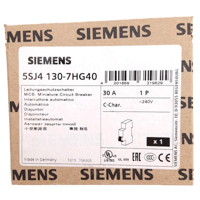 New Siemens 5SJ4130-7HG40 Circuit Breaker, 1-Pole 30A, 240VAC/60VDC Max, DIN Rail