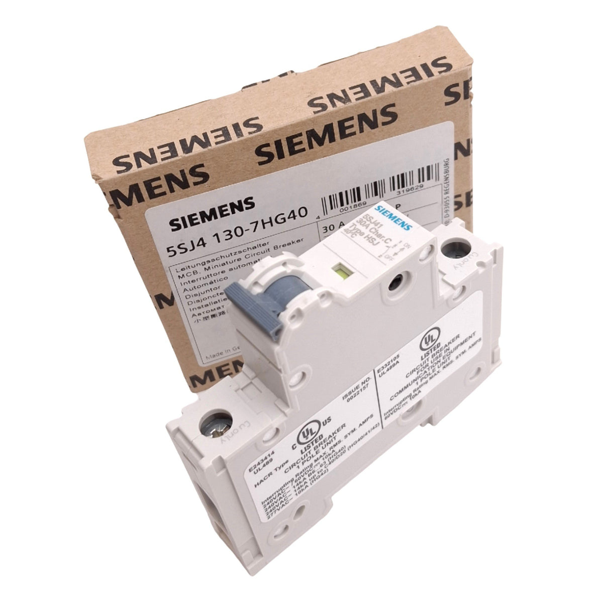New Siemens 5SJ4130-7HG40 Circuit Breaker, 1-Pole 30A, 240VAC/60VDC Max, DIN Rail