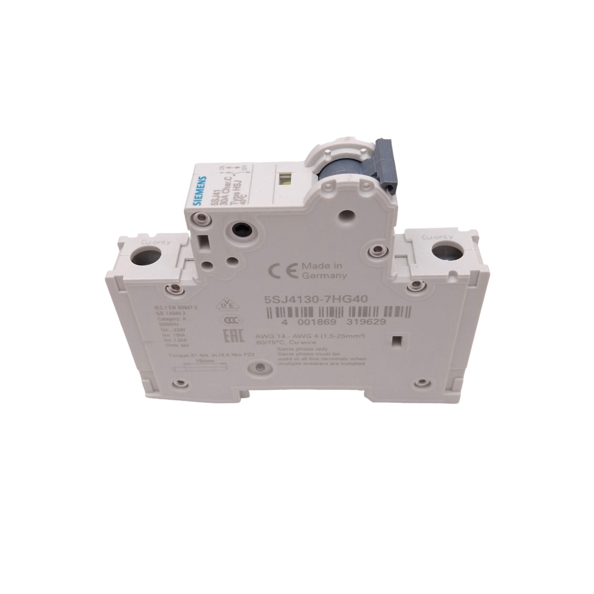 New Siemens 5SJ4130-7HG40 Circuit Breaker, 1-Pole 30A, 240VAC/60VDC Max, DIN Rail
