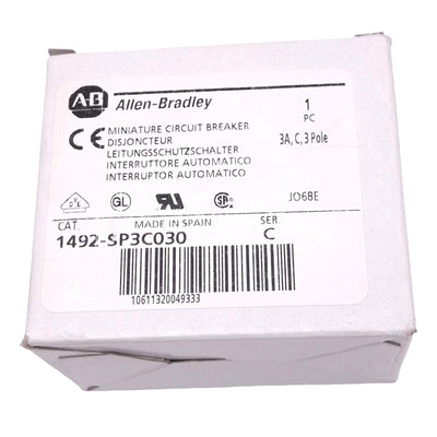 New Allen Bradley 1492-SP3C030 Circuit Breaker, 3-Pole 3A, 480Y/277VAC Max, DIN Rail